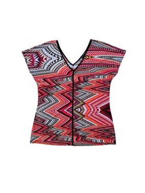 Geometric Zigzag Sideways Chevron V-Neck Short Sleeve Blouse ~ Women’s L